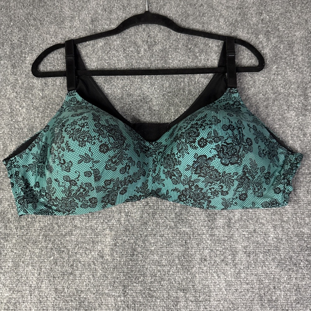 Torrid Wire-Free Lightly Lined Smooth Bra Teal Black Lace Print Women 44C